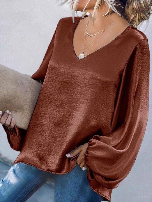 Long Sleeve Loose V-neck Solid Blouse - Blouses - INS | Online Fashion Free Shipping Clothing, Dresses, Tops, Shoes - 10-20 - 27/07/2021 - BLO2107271274