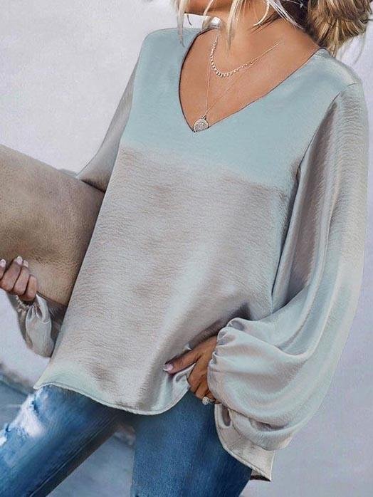 Long Sleeve Loose V-neck Solid Blouse - Blouses - INS | Online Fashion Free Shipping Clothing, Dresses, Tops, Shoes - 10-20 - 27/07/2021 - BLO2107271274