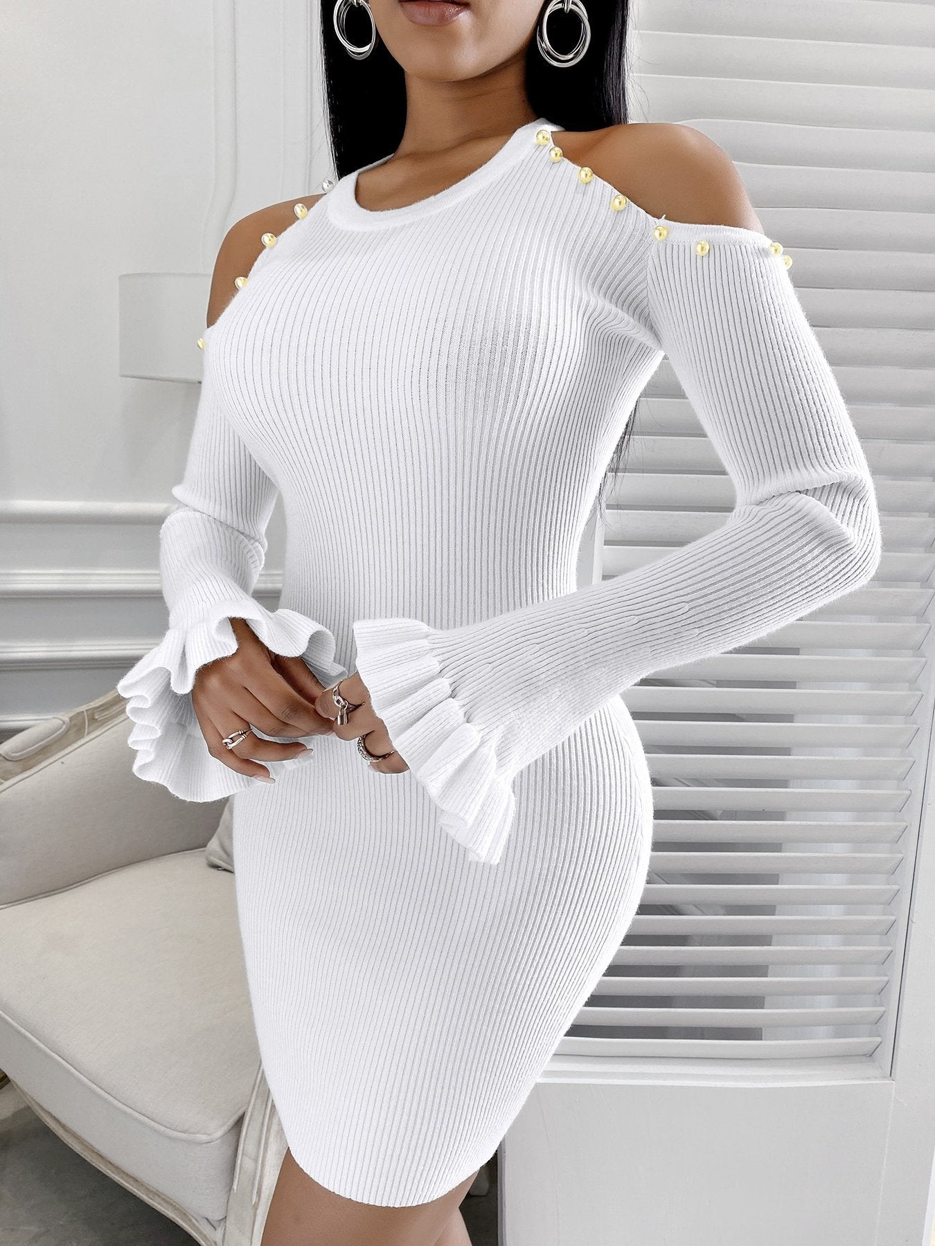 Long Sleeve Off-shoulder Flared Sleeve Skinny Dress - Mini Dresses - INS | Online Fashion Free Shipping Clothing, Dresses, Tops, Shoes - 05/07/2021 - 20-30 - color-white