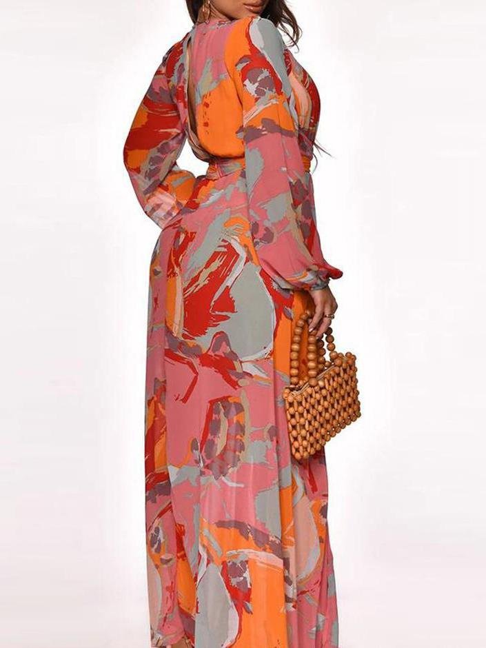 Long Sleeve Printed Split Trend Long Dress - Maxi Dresses - INS | Online Fashion Free Shipping Clothing, Dresses, Tops, Shoes - 17/07/2021 - 40-50 - color-pink