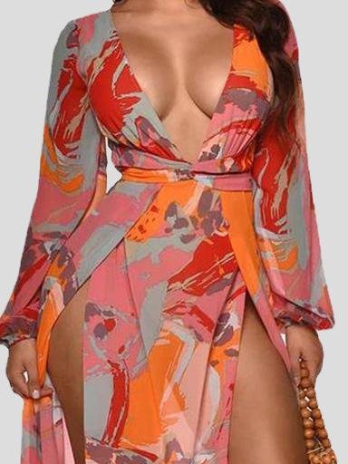 Long Sleeve Printed Split Trend Long Dress - Maxi Dresses - INS | Online Fashion Free Shipping Clothing, Dresses, Tops, Shoes - 17/07/2021 - 40-50 - color-pink