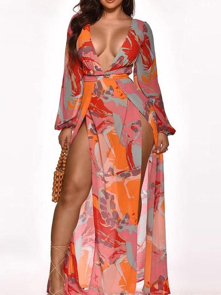 Long Sleeve Printed Split Trend Long Dress - Maxi Dresses - INS | Online Fashion Free Shipping Clothing, Dresses, Tops, Shoes - 17/07/2021 - 40-50 - color-pink