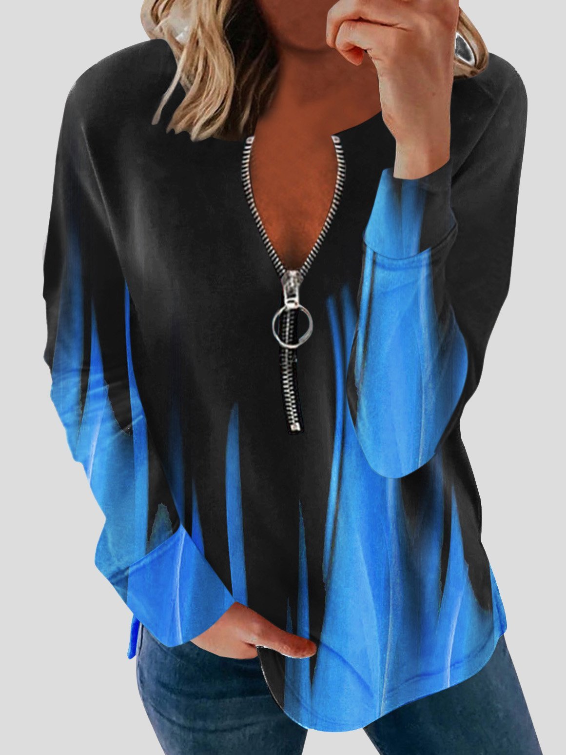 Long Sleeve Printed Zipper Casual Blouses - Blouses - INS | Online Fashion Free Shipping Clothing, Dresses, Tops, Shoes - 20-30 - 20/07/2021 - BLO2107201228