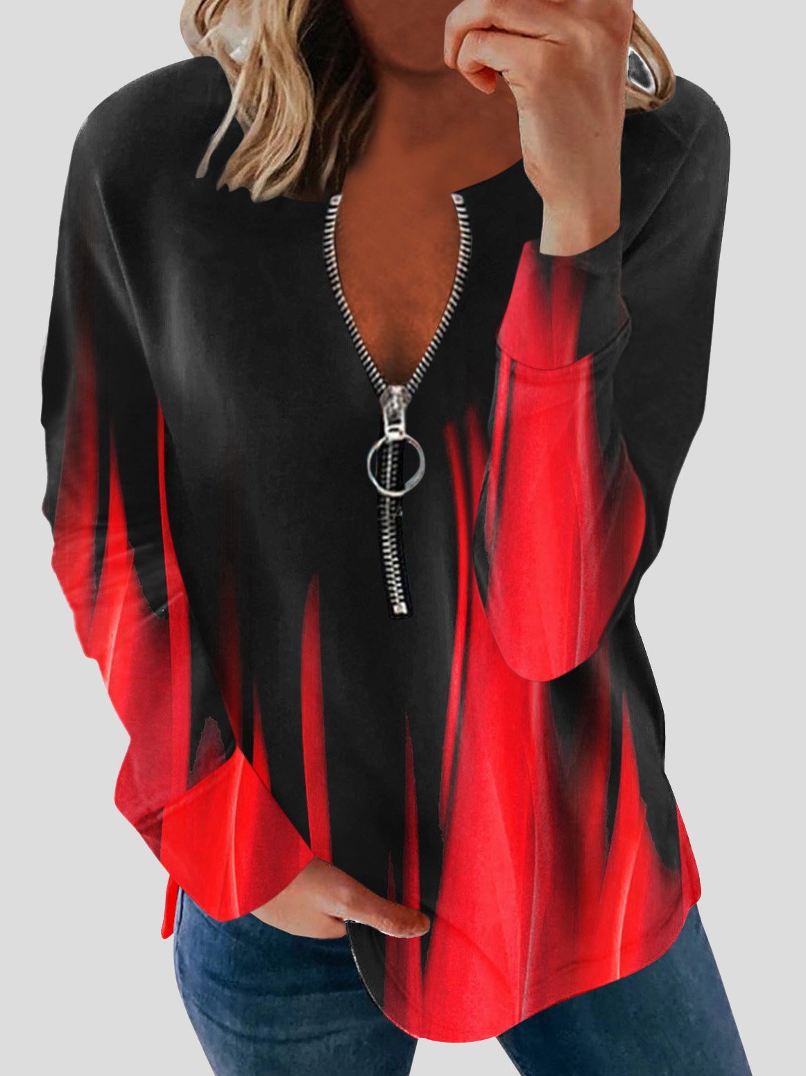 Long Sleeve Printed Zipper Casual Blouses - Blouses - INS | Online Fashion Free Shipping Clothing, Dresses, Tops, Shoes - 20-30 - 20/07/2021 - BLO2107201228