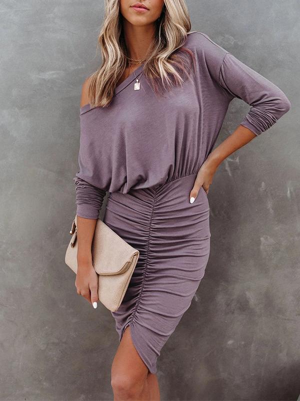 Long Sleeve Round Neck Pleated Irregular Dress - Midi Dresses - INS | Online Fashion Free Shipping Clothing, Dresses, Tops, Shoes - 20-30 - Category_Midi Dresses - color-black