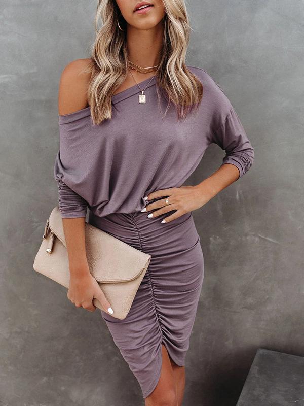 Long Sleeve Round Neck Pleated Irregular Dress - Midi Dresses - INS | Online Fashion Free Shipping Clothing, Dresses, Tops, Shoes - 20-30 - Category_Midi Dresses - color-black