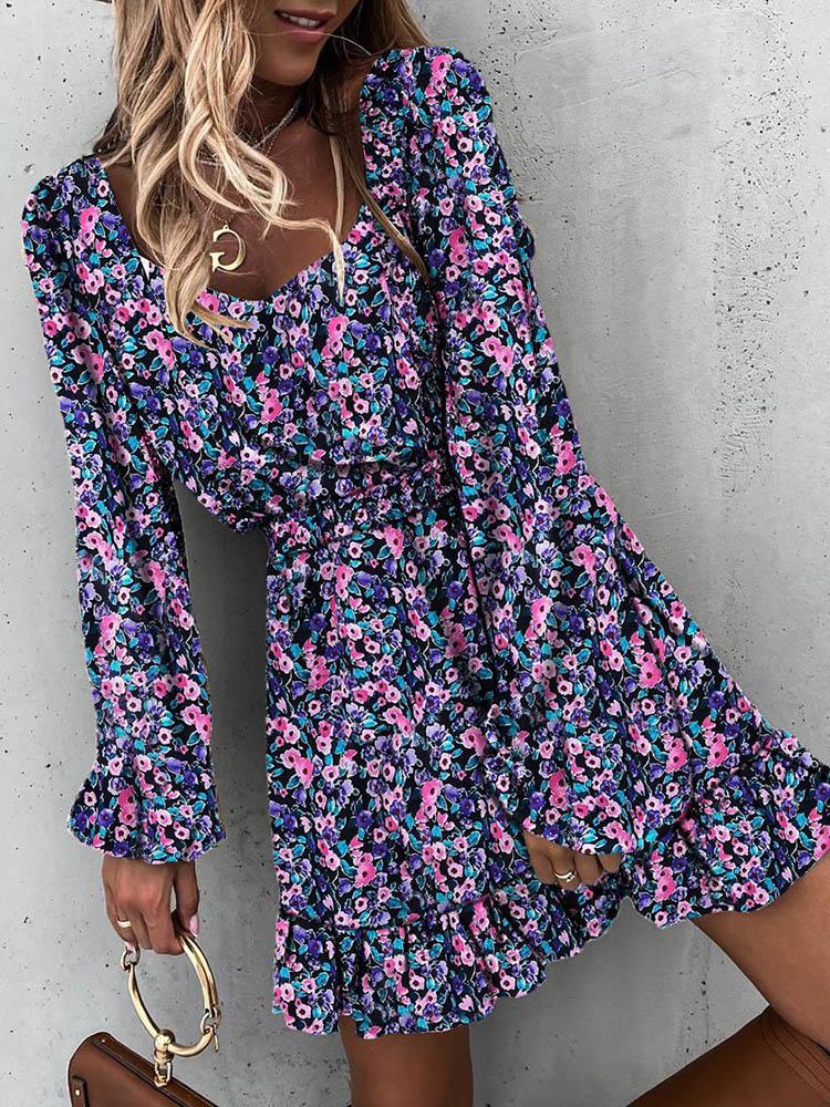 Long Sleeve Ruffle Print Dress - Mini Dresses - INS | Online Fashion Free Shipping Clothing, Dresses, Tops, Shoes - 09/06/2021 - Color_Purple - DRE2106090268