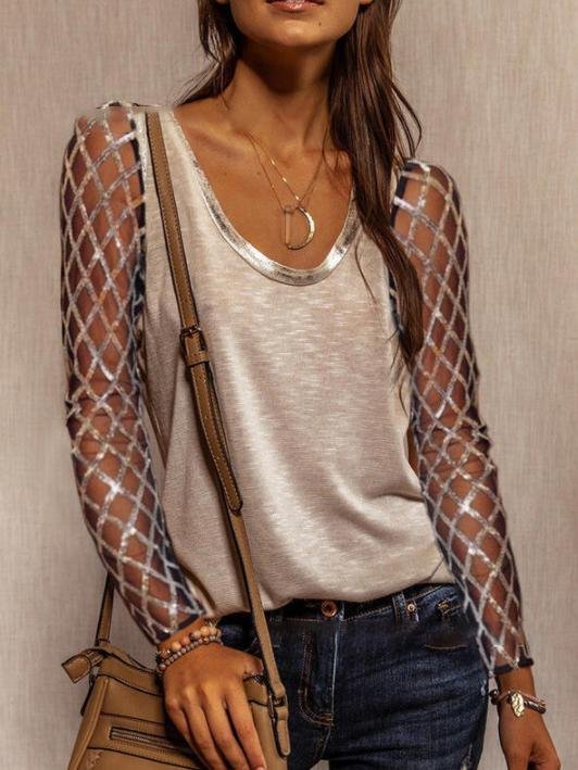 Long Sleeve Sequined Round Neck T-Shirts - T-Shirts - INS | Online Fashion Free Shipping Clothing, Dresses, Tops, Shoes - 07/06/2021 - Category_T-Shirts - Color_Khaki