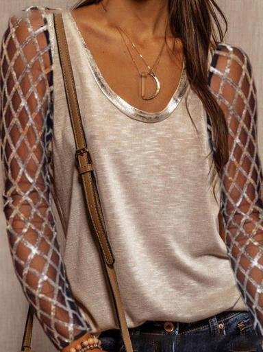 Long Sleeve Sequined Round Neck T-Shirts - T-Shirts - INS | Online Fashion Free Shipping Clothing, Dresses, Tops, Shoes - 07/06/2021 - Category_T-Shirts - Color_Khaki