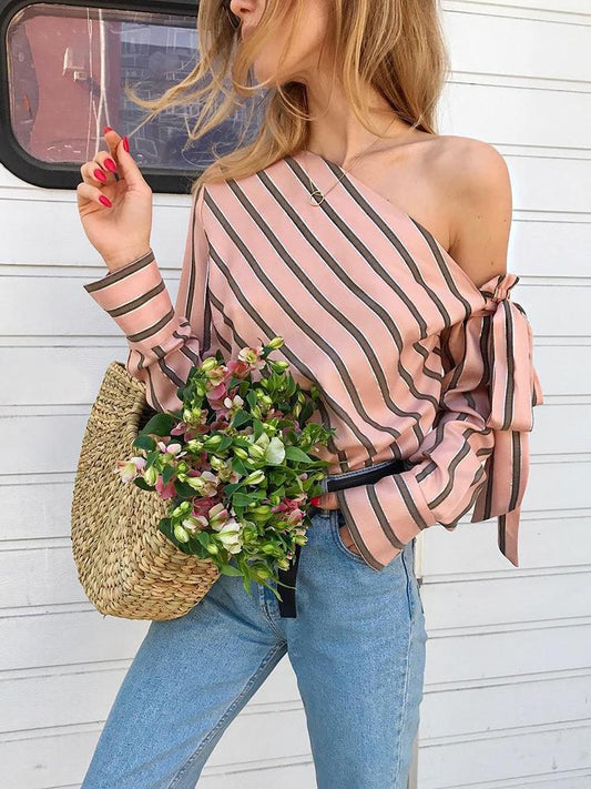 Long Sleeve Slanted Shoulder Striped Shirt - Blouses - INS | Online Fashion Free Shipping Clothing, Dresses, Tops, Shoes - 10-20 - 19/06/2021 - BLO2106190125
