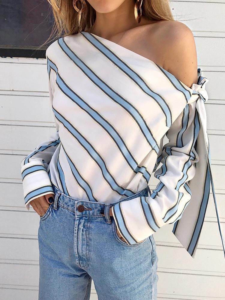 Long Sleeve Slanted Shoulder Striped Shirt - Blouses - INS | Online Fashion Free Shipping Clothing, Dresses, Tops, Shoes - 10-20 - 19/06/2021 - BLO2106190125