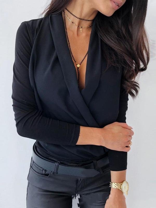 Long Sleeve Solid Deep V Swing Neck Blouses - Blouses - INS | Online Fashion Free Shipping Clothing, Dresses, Tops, Shoes - 08/07/2021 - 10-20 - BLO2107081178