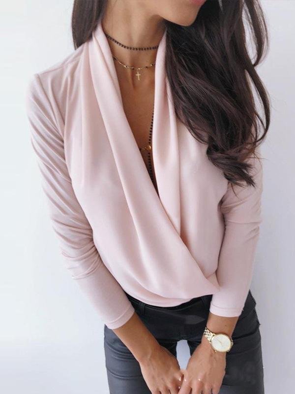 Long Sleeve Solid Deep V Swing Neck Blouses - Blouses - INS | Online Fashion Free Shipping Clothing, Dresses, Tops, Shoes - 08/07/2021 - 10-20 - BLO2107081178