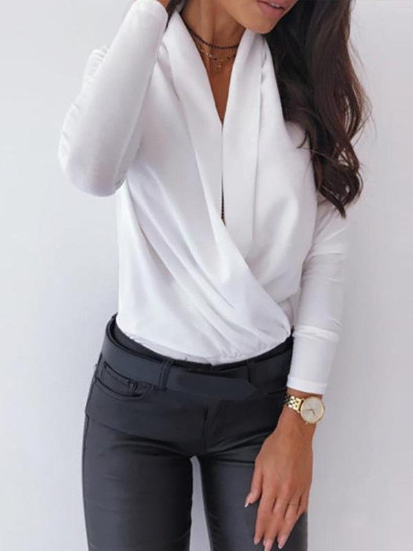 Long Sleeve Solid Deep V Swing Neck Blouses - Blouses - INS | Online Fashion Free Shipping Clothing, Dresses, Tops, Shoes - 08/07/2021 - 10-20 - BLO2107081178