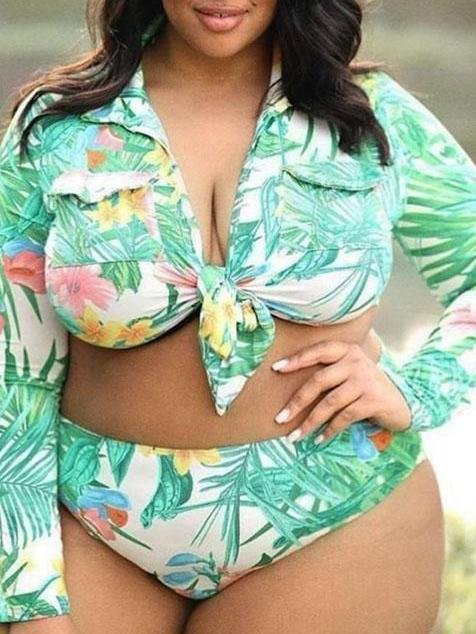 Long Sleeve Sundress High Waist Forest Print Two-piece Swimsuit - Plus Swimsuits - INS | Online Fashion Free Shipping Clothing, Dresses, Tops, Shoes - 22/04/2021 - Color_Multicolor - Plus Swimsuits