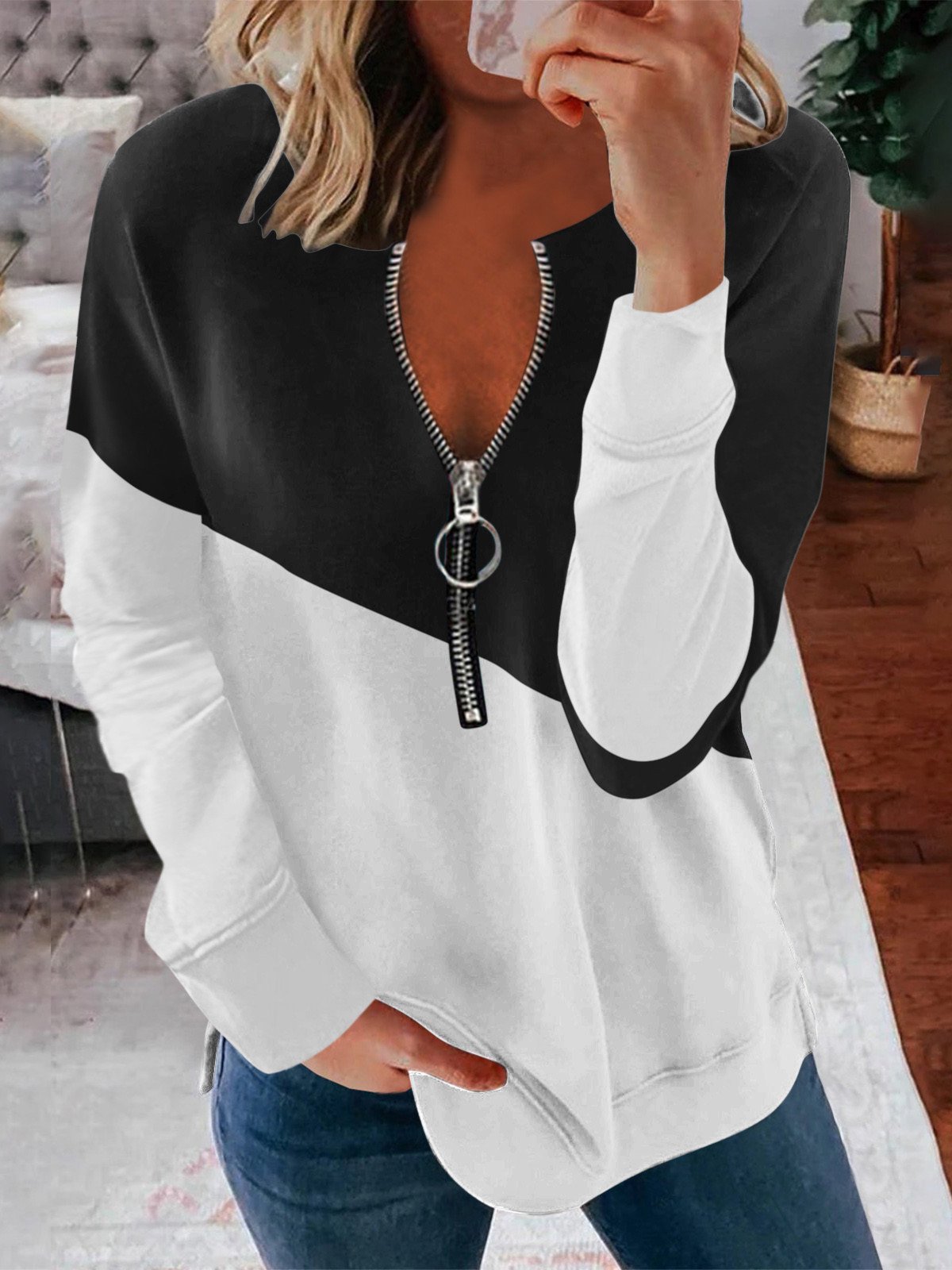 Long Sleeve Two-Color Stitching Zipper Blouses - Blouses - INS | Online Fashion Free Shipping Clothing, Dresses, Tops, Shoes - 20-30 - 20/07/2021 - BLO2107201230