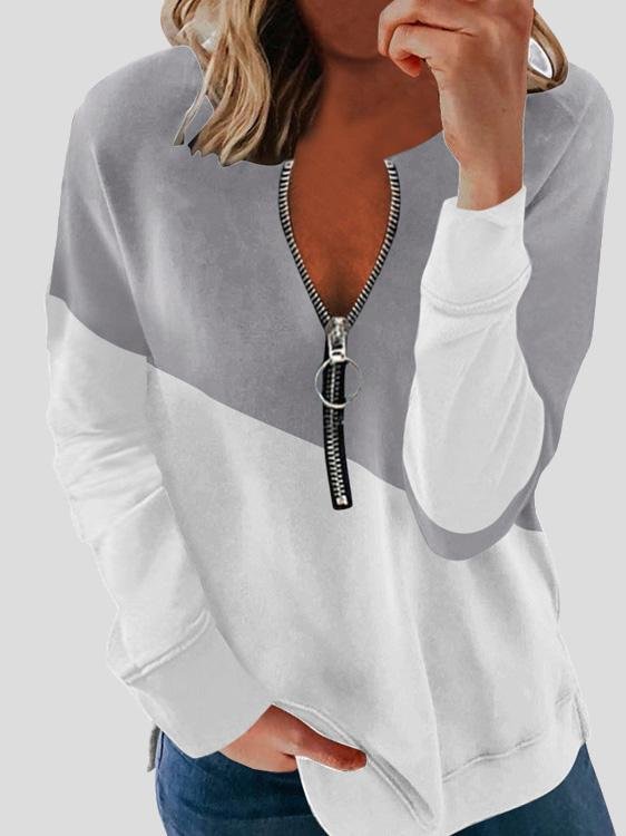 Long Sleeve Two-Color Stitching Zipper Blouses - Blouses - INS | Online Fashion Free Shipping Clothing, Dresses, Tops, Shoes - 20-30 - 20/07/2021 - BLO2107201230