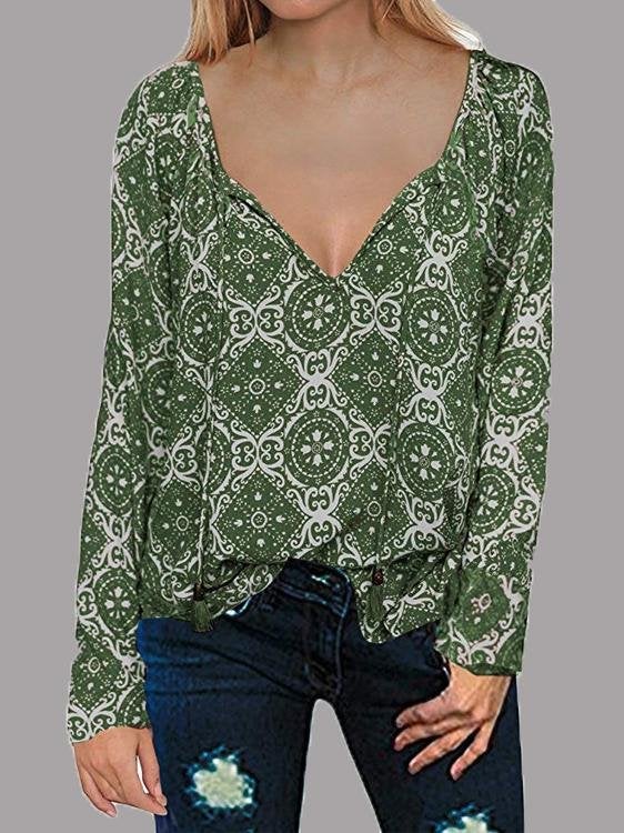 Long Sleeve V-neck Drawstring Pullover Shirt - Blouses - INS | Online Fashion Free Shipping Clothing, Dresses, Tops, Shoes - 11/06/2021 - BLO2106110100 - Blouses