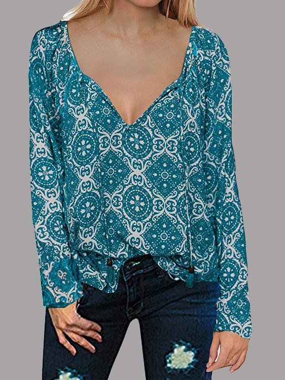 Long Sleeve V-neck Drawstring Pullover Shirt - Blouses - INS | Online Fashion Free Shipping Clothing, Dresses, Tops, Shoes - 11/06/2021 - BLO2106110100 - Blouses