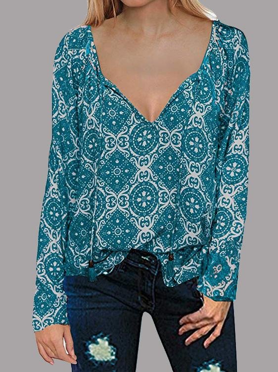 Long Sleeve V-neck Drawstring Pullover Shirt - Blouses - INS | Online Fashion Free Shipping Clothing, Dresses, Tops, Shoes - 11/06/2021 - BLO2106110100 - Blouses