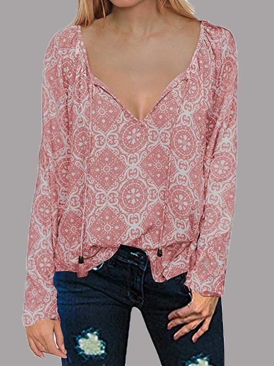 Long Sleeve V-neck Drawstring Pullover Shirt - Blouses - INS | Online Fashion Free Shipping Clothing, Dresses, Tops, Shoes - 11/06/2021 - BLO2106110100 - Blouses