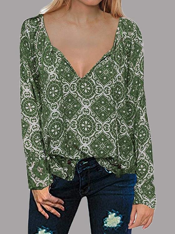 Long Sleeve V-neck Drawstring Pullover Shirt - Blouses - INS | Online Fashion Free Shipping Clothing, Dresses, Tops, Shoes - 11/06/2021 - BLO2106110100 - Blouses