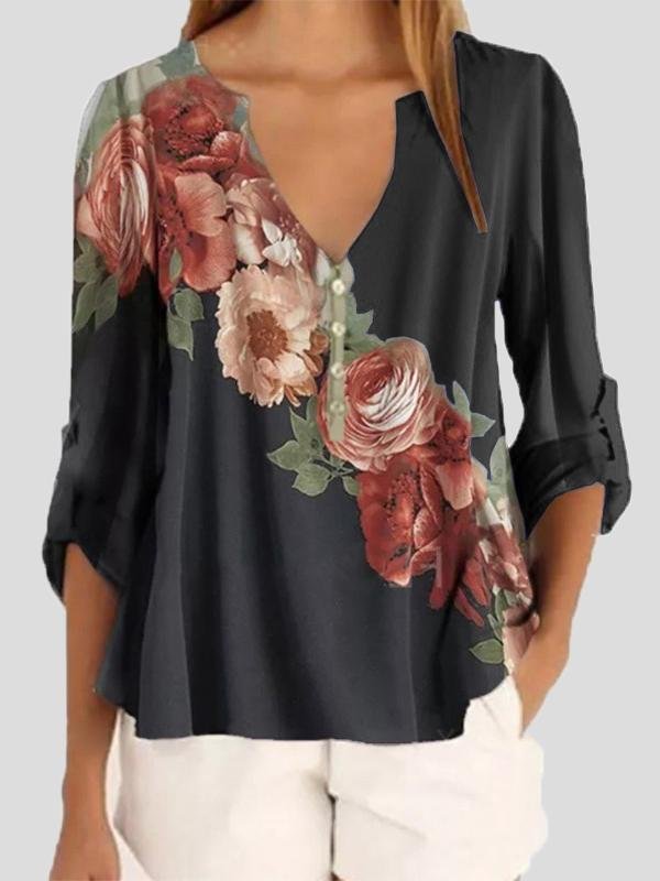 Long Sleeve V-neck Floral Print Chiffon Shirt - Blouses - INS | Online Fashion Free Shipping Clothing, Dresses, Tops, Shoes - 11/06/2021 - BLO2106110098 - Blouses