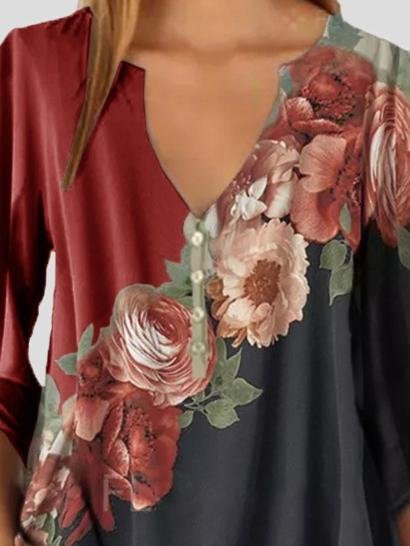 Long Sleeve V-neck Floral Print Chiffon Shirt - Blouses - INS | Online Fashion Free Shipping Clothing, Dresses, Tops, Shoes - 11/06/2021 - BLO2106110098 - Blouses