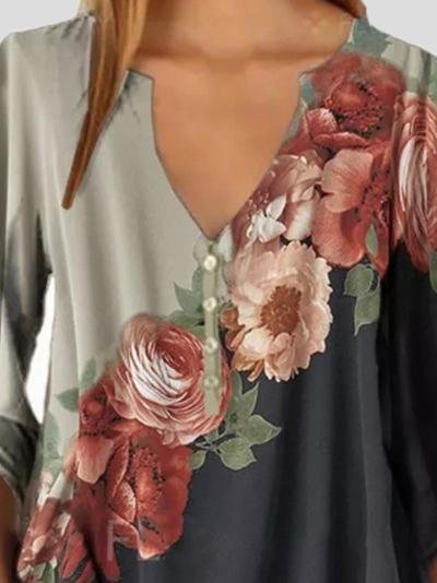 Long Sleeve V-neck Floral Print Chiffon Shirt - Blouses - INS | Online Fashion Free Shipping Clothing, Dresses, Tops, Shoes - 11/06/2021 - BLO2106110098 - Blouses