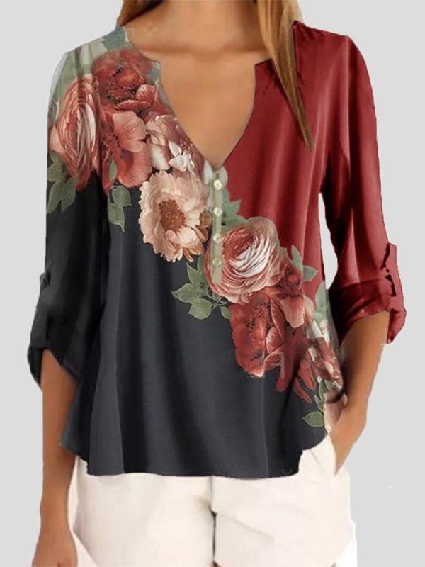 Long Sleeve V-neck Floral Print Chiffon Shirt - Blouses - INS | Online Fashion Free Shipping Clothing, Dresses, Tops, Shoes - 11/06/2021 - BLO2106110098 - Blouses