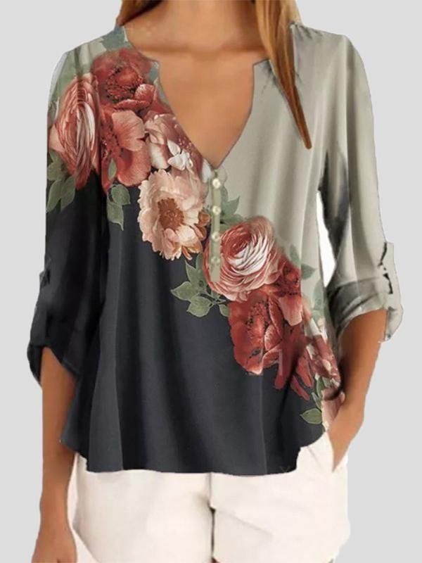 Long Sleeve V-neck Floral Print Chiffon Shirt - Blouses - INS | Online Fashion Free Shipping Clothing, Dresses, Tops, Shoes - 11/06/2021 - BLO2106110098 - Blouses