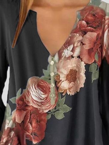 Long Sleeve V-neck Floral Print Chiffon Shirt - Blouses - INS | Online Fashion Free Shipping Clothing, Dresses, Tops, Shoes - 11/06/2021 - BLO2106110098 - Blouses