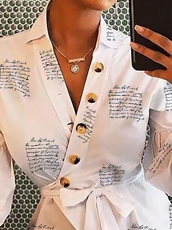 Long Sleeve V-neck Lantern Sleeve Button Printing Blouse - Blouses - INS | Online Fashion Free Shipping Clothing, Dresses, Tops, Shoes - 14/05/2021 - 140521 - Category_Blouses