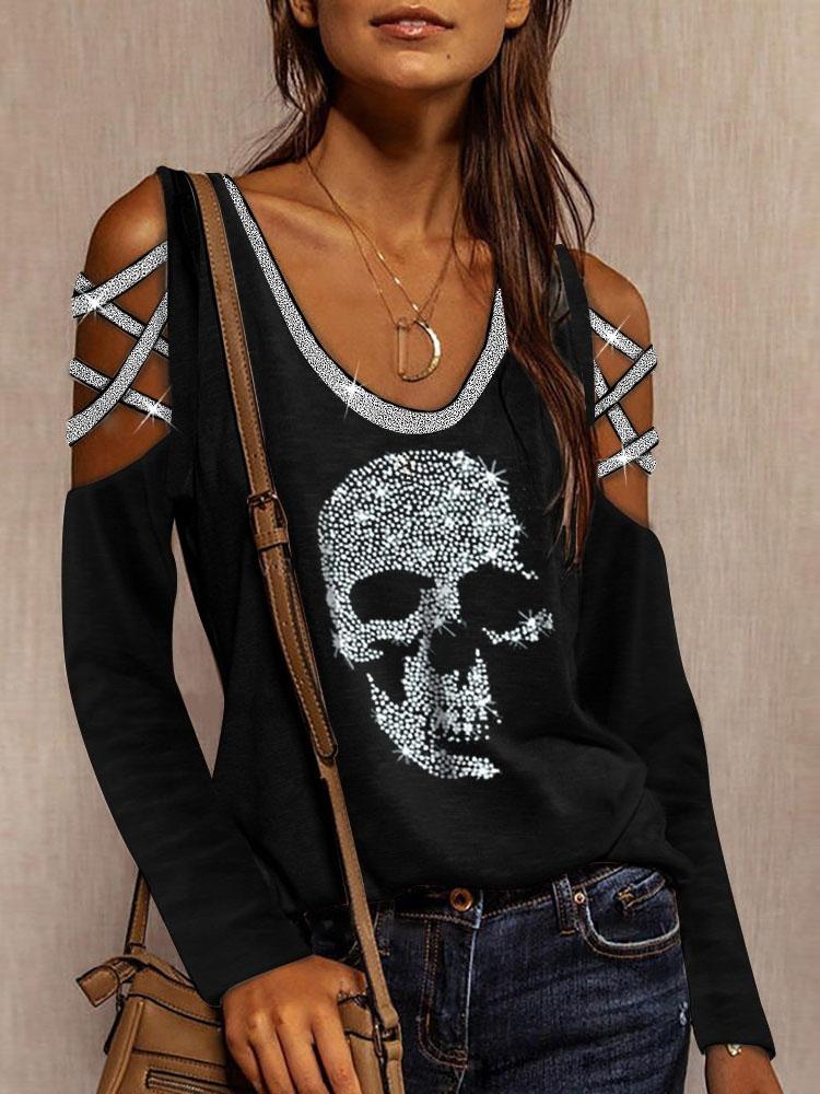 Long Sleeve V-Neck Skull Print Hollow T-Shirt - T-Shirts - INS | Online Fashion Free Shipping Clothing, Dresses, Tops, Shoes - 14/07/2021 - 20-30 - Category_T-Shirts