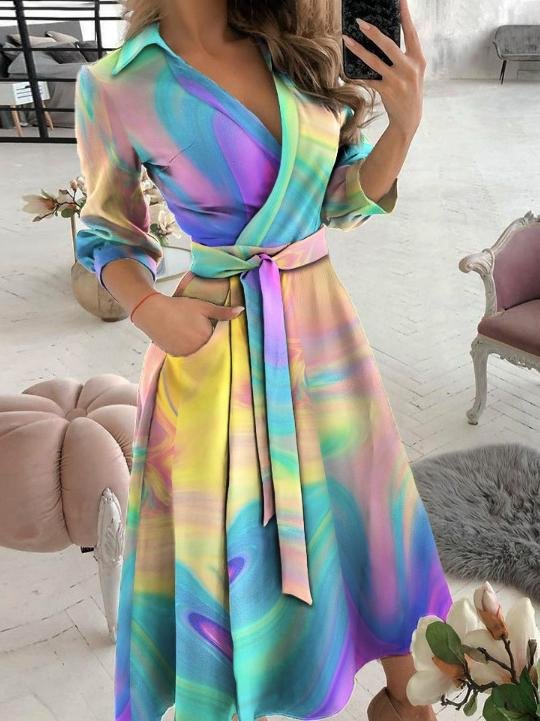 Long Sleeve V-neck Tie-dye Dress - Midi Dresses - INS | Online Fashion Free Shipping Clothing, Dresses, Tops, Shoes - 16/06/2021 - 20-30 - color-multicolor