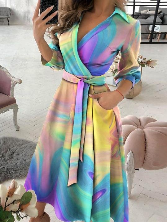 Long Sleeve V-neck Tie-dye Dress - Midi Dresses - INS | Online Fashion Free Shipping Clothing, Dresses, Tops, Shoes - 16/06/2021 - 20-30 - color-multicolor