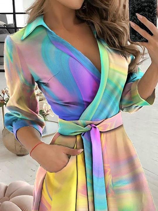 Long Sleeve V-neck Tie-dye Dress - Midi Dresses - INS | Online Fashion Free Shipping Clothing, Dresses, Tops, Shoes - 16/06/2021 - 20-30 - color-multicolor