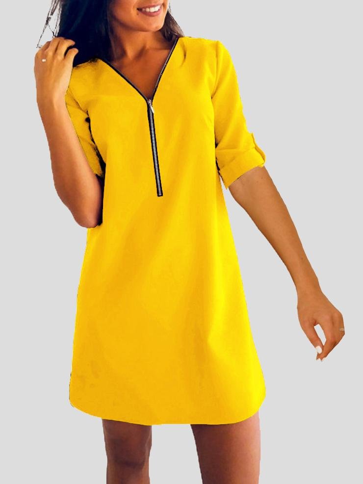 Long Sleeve V-neck Zip Loose Dress - Mini Dresses - INS | Online Fashion Free Shipping Clothing, Dresses, Tops, Shoes - 07/07/2021 - 10-20 - color-black