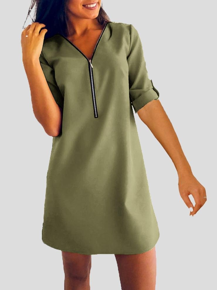 Long Sleeve V-neck Zip Loose Dress - Mini Dresses - INS | Online Fashion Free Shipping Clothing, Dresses, Tops, Shoes - 07/07/2021 - 10-20 - color-black