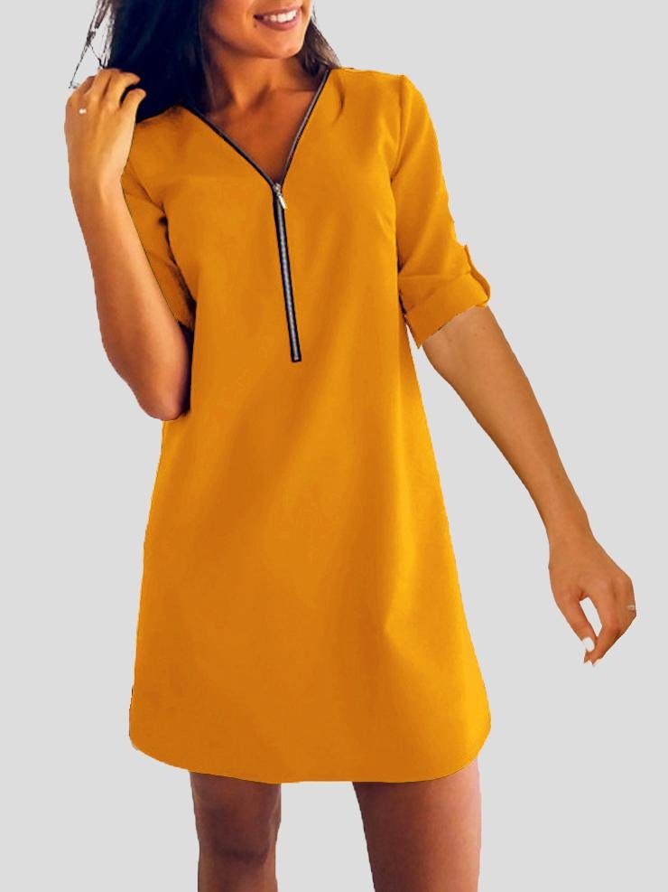 Long Sleeve V-neck Zip Loose Dress - Mini Dresses - INS | Online Fashion Free Shipping Clothing, Dresses, Tops, Shoes - 07/07/2021 - 10-20 - color-black