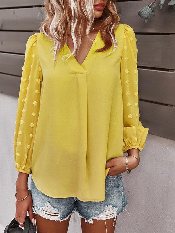 Long-sleeved Casual V Neck Solid Blouse - Blouses - INS | Online Fashion Free Shipping Clothing, Dresses, Tops, Shoes - 20-30 - BLO2107211241 - Blouses