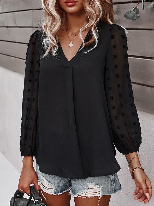 Long-sleeved Casual V Neck Solid Blouse - Blouses - INS | Online Fashion Free Shipping Clothing, Dresses, Tops, Shoes - 20-30 - BLO2107211241 - Blouses
