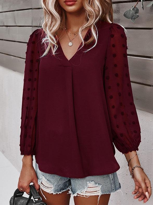 Long-sleeved Casual V Neck Solid Blouse - Blouses - INS | Online Fashion Free Shipping Clothing, Dresses, Tops, Shoes - 20-30 - BLO2107211241 - Blouses