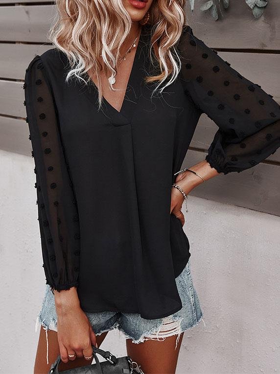 Long-sleeved Casual V Neck Solid Blouse - Blouses - INS | Online Fashion Free Shipping Clothing, Dresses, Tops, Shoes - 20-30 - BLO2107211241 - Blouses