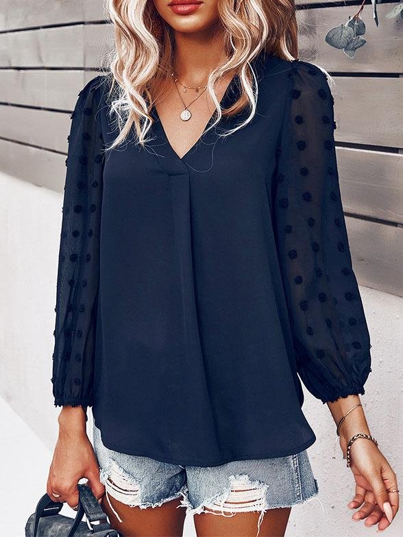 Long-sleeved Casual V Neck Solid Blouse - Blouses - INS | Online Fashion Free Shipping Clothing, Dresses, Tops, Shoes - 20-30 - BLO2107211241 - Blouses