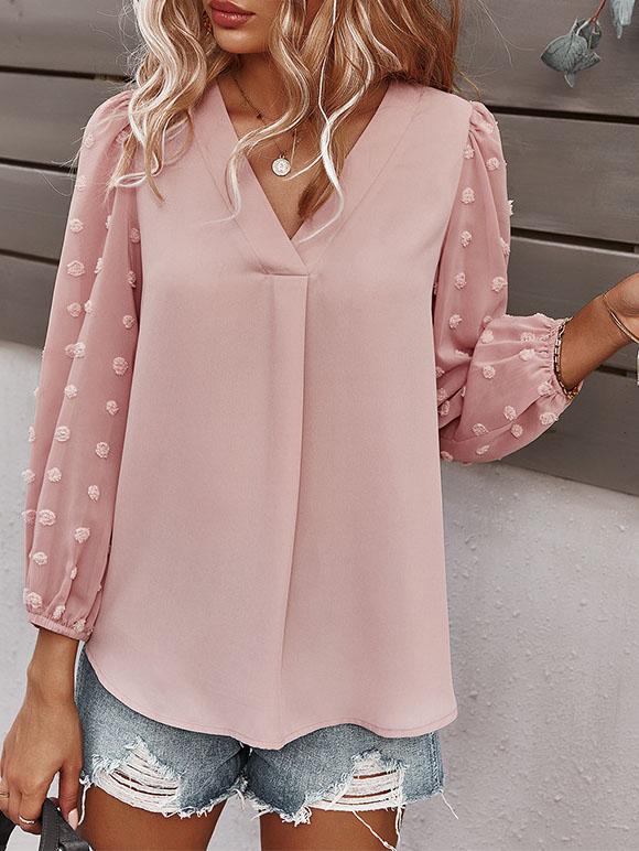 Long-sleeved Casual V Neck Solid Blouse - Blouses - INS | Online Fashion Free Shipping Clothing, Dresses, Tops, Shoes - 20-30 - BLO2107211241 - Blouses