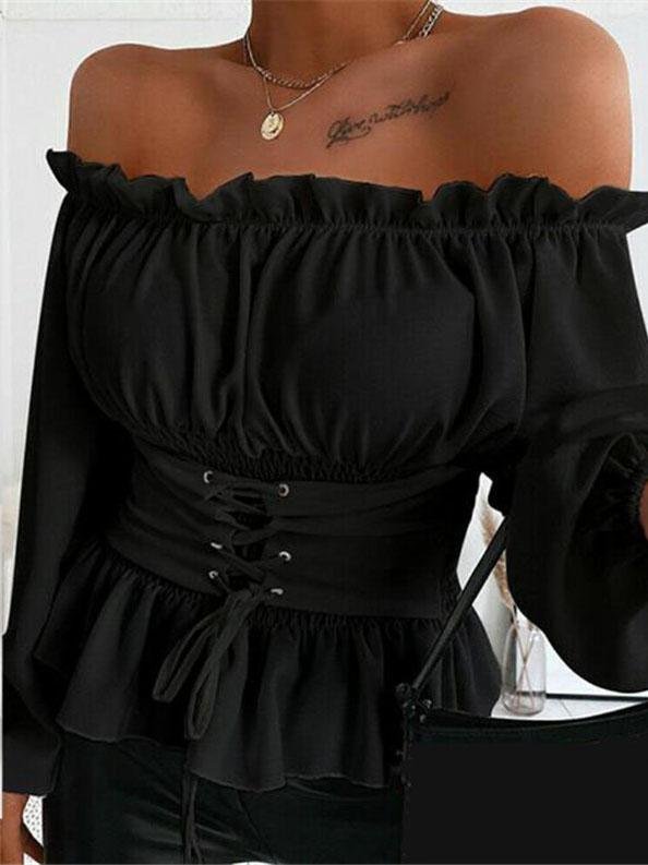 Long-sleeved Off-shoulder Ruffled Shirt - Blouses - INS | Online Fashion Free Shipping Clothing, Dresses, Tops, Shoes - 17/07/2021 - 20-30 - BLO2107171203
