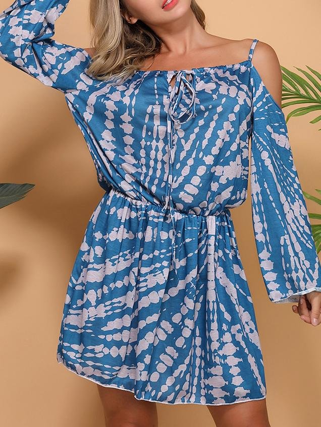 Long-sleeved Tie-dye Off-the-shoulder Short Dress - Mini Dresses - INS | Online Fashion Free Shipping Clothing, Dresses, Tops, Shoes - 17/06/2021 - 20-30 - color-blue