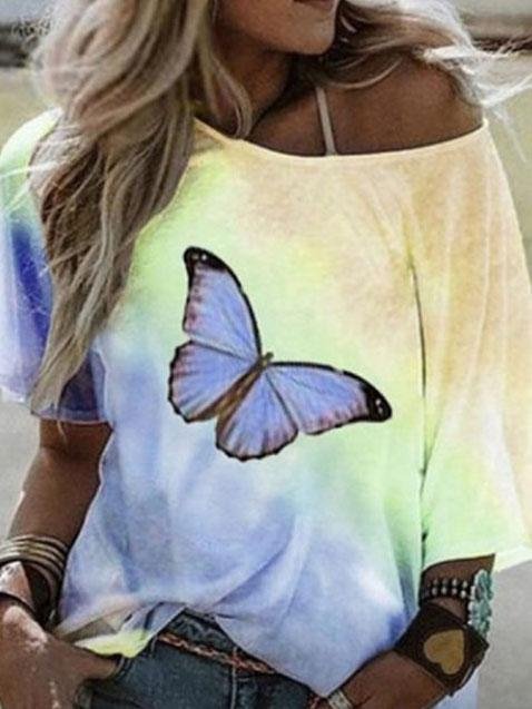 Loose Butterfly Print Short-sleeved T-shirt - T-shirts - INS | Online Fashion Free Shipping Clothing, Dresses, Tops, Shoes - 05/06/2021 - Color_Blue - Color_Purple
