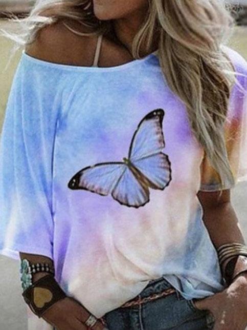 Loose Butterfly Print Short-sleeved T-shirt - T-shirts - INS | Online Fashion Free Shipping Clothing, Dresses, Tops, Shoes - 05/06/2021 - Color_Blue - Color_Purple